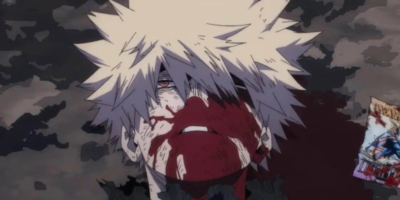 Bakugo lays injured as Edgeshot closes his wounds.  Image