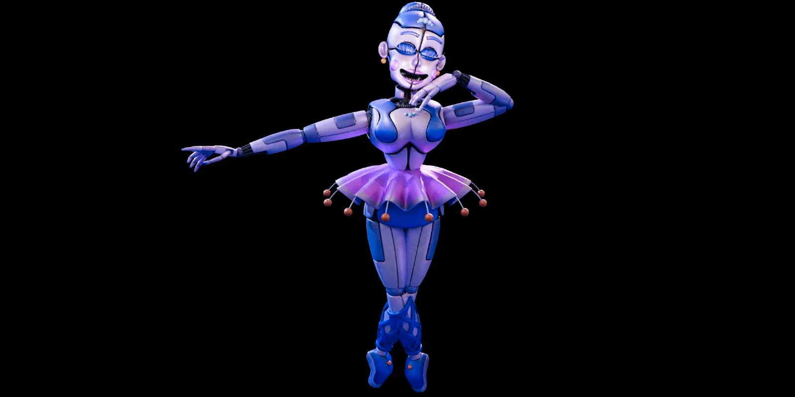 Ballora stands on pointe with one hand at her face and the other outstretched. Image