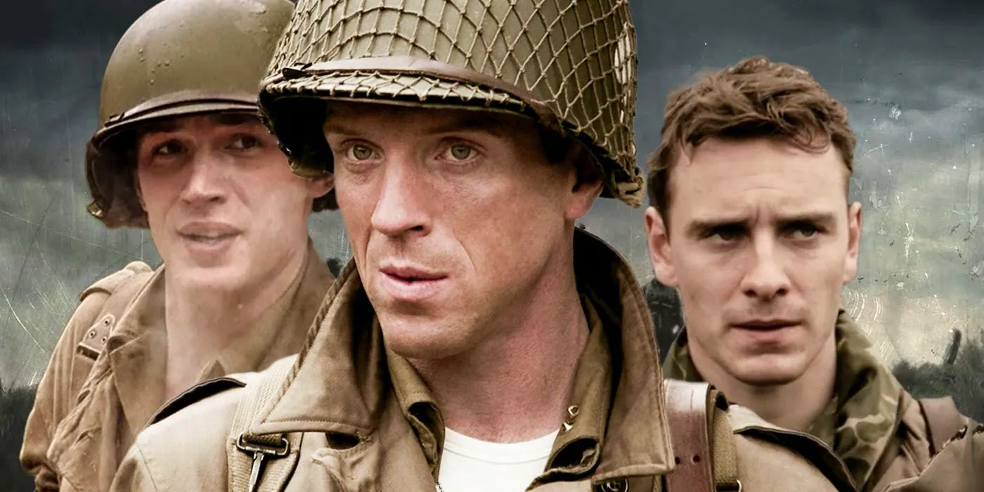 Band of Brothers cast members Michael Fassbender as Sgt. Burton 'Pat' Christenson, Damian Lewis as Maj. Richard D. Winters, and Tom Hardy as Pfc. John Janovec Image