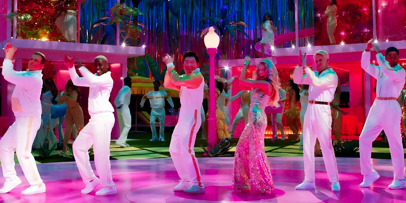 Barbie and Ken dancing with other dolls at Barbie's dream house Image