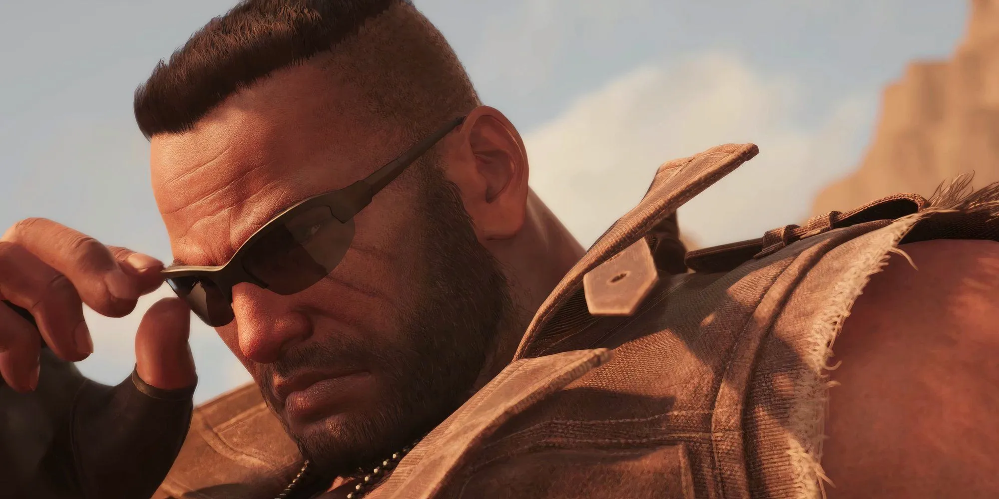 Barret Wallace putting on his glasses after beating Dyne in Final Fantasy 7 Rebirth FF7 Image