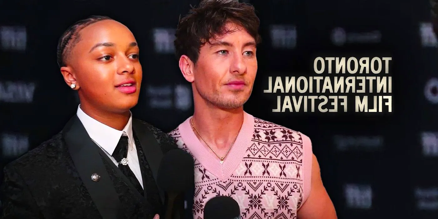 Barry Keoghan and Nykiya Adams standing next to each other on the Bird red carpet at TIFF 2024. Image