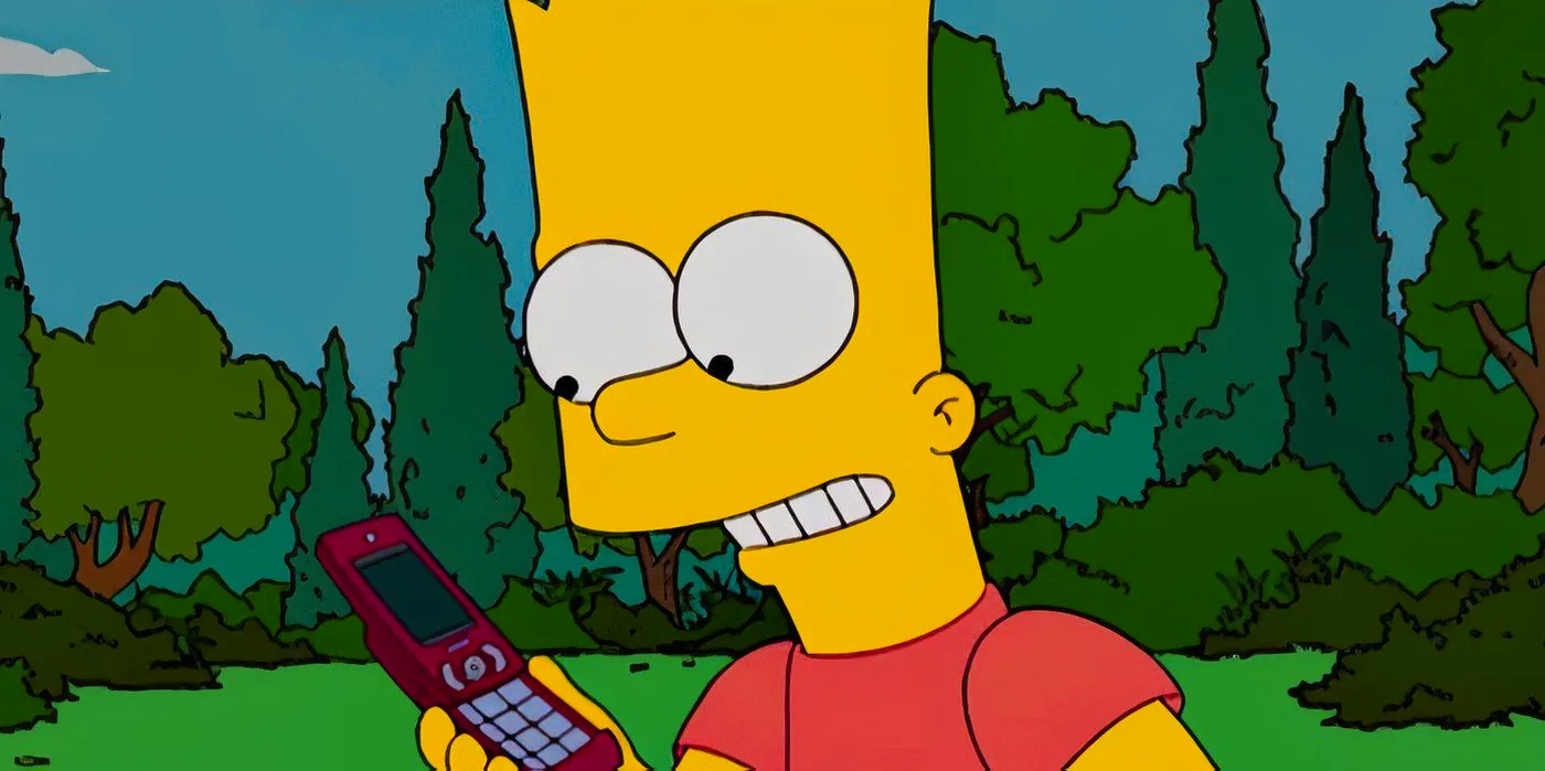 Bart grinning into a cellphone in the Simpsons episode Lost Verizon Image