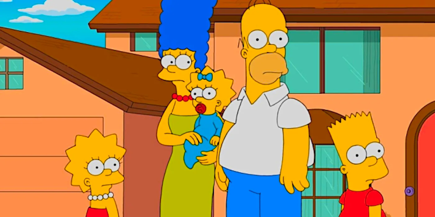 Bart, Homer, Lisa, Maggie and Marge Simpson standing in front of their house, looking vaguely worried Image