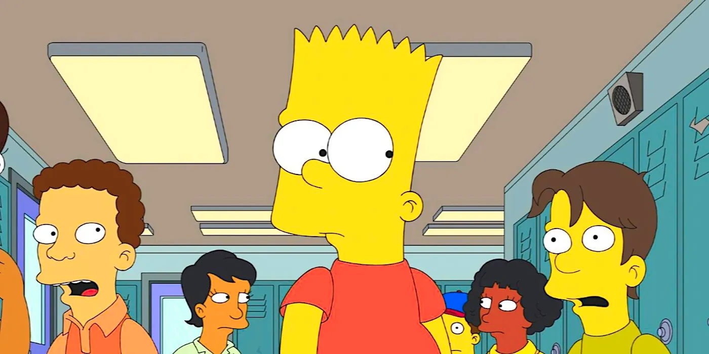 Bart looks surprised as he walks through a school hallway full of stunned students in The Simpsons season 30 Image