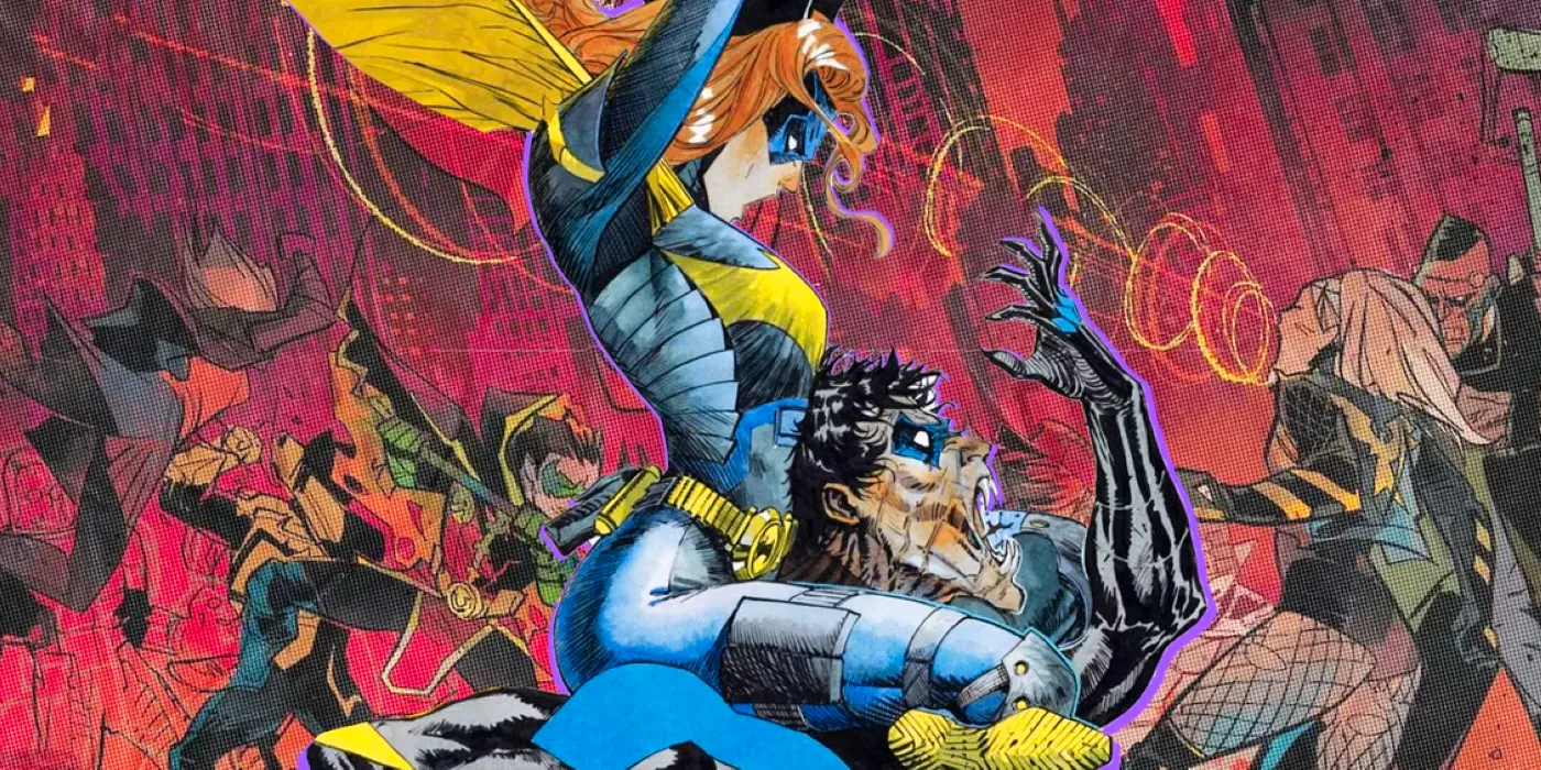 Batgirl riding Nightwing's shoulders preparing to stake him, Black Canary, Robin, and the Signal fighting vampires in the background. Image