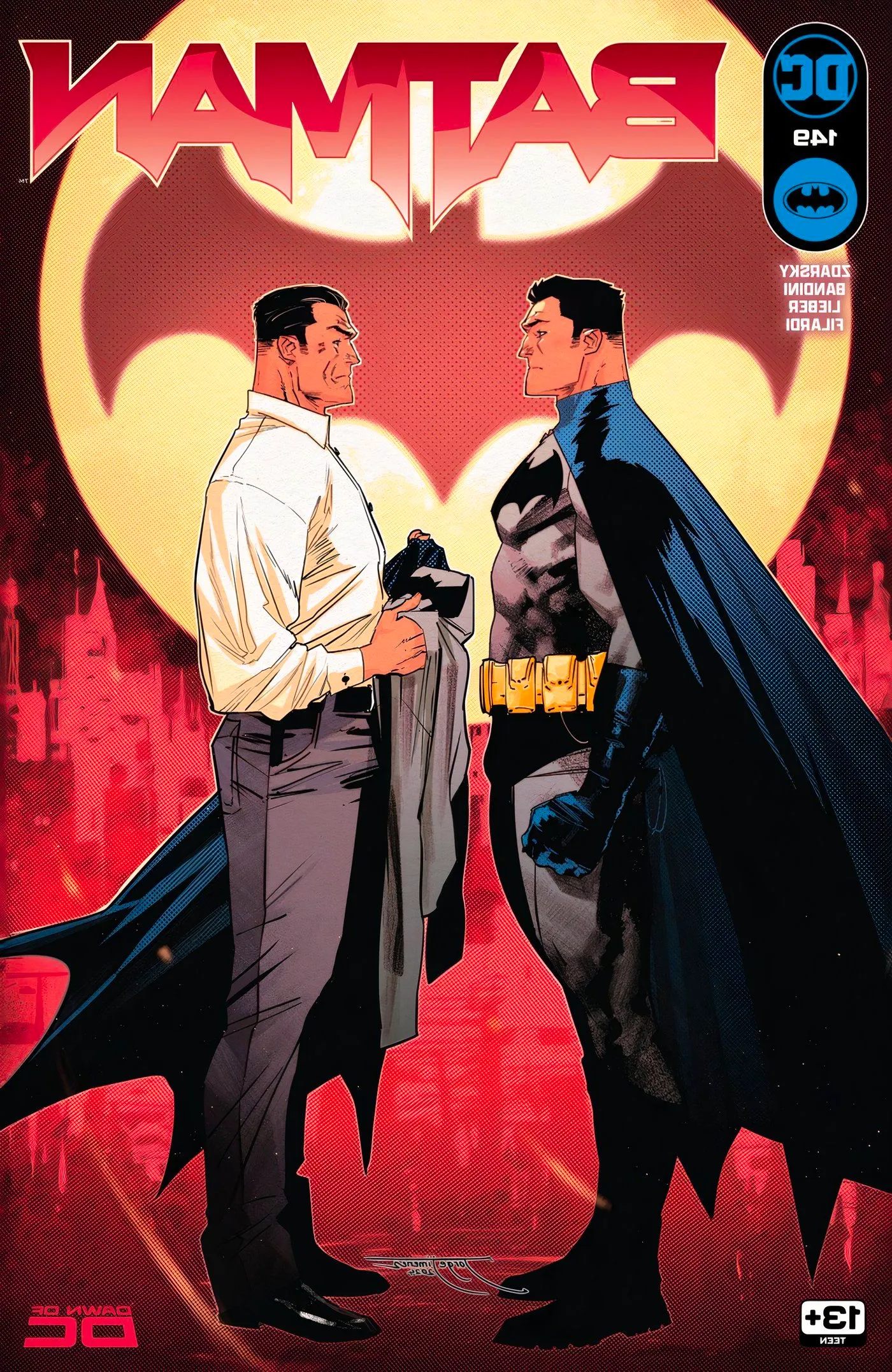 Batman 149 Main Cover: Batman facing an older looking Bruce Wayne in front of the Bat-Signal. Image