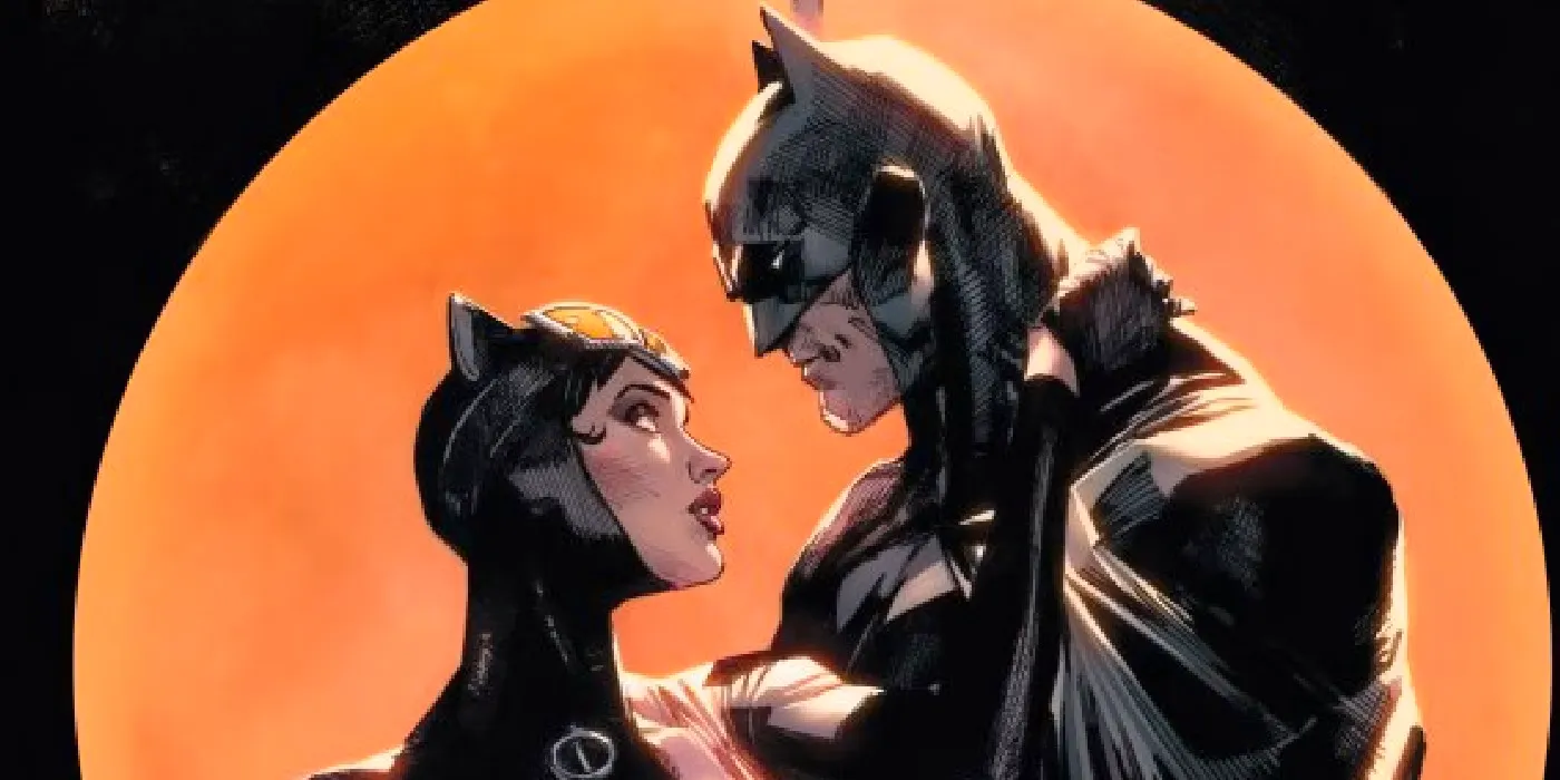 Batman and Catwoman in an orange circle. Image