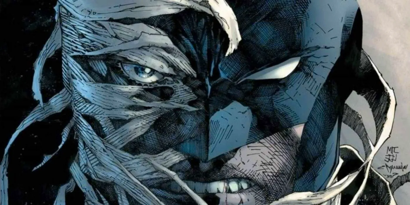 Batman and Hush's faces split in comic book cover art. Image