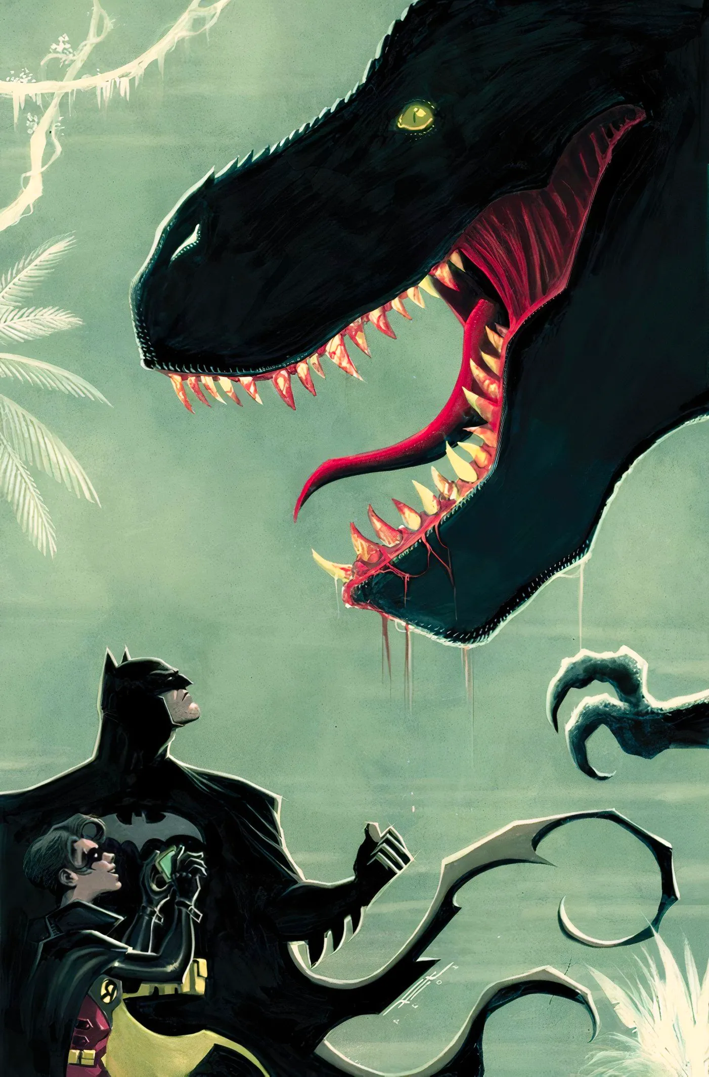 Batman and Robin #11 featuring Damian taking a picture of a dinosaur Image