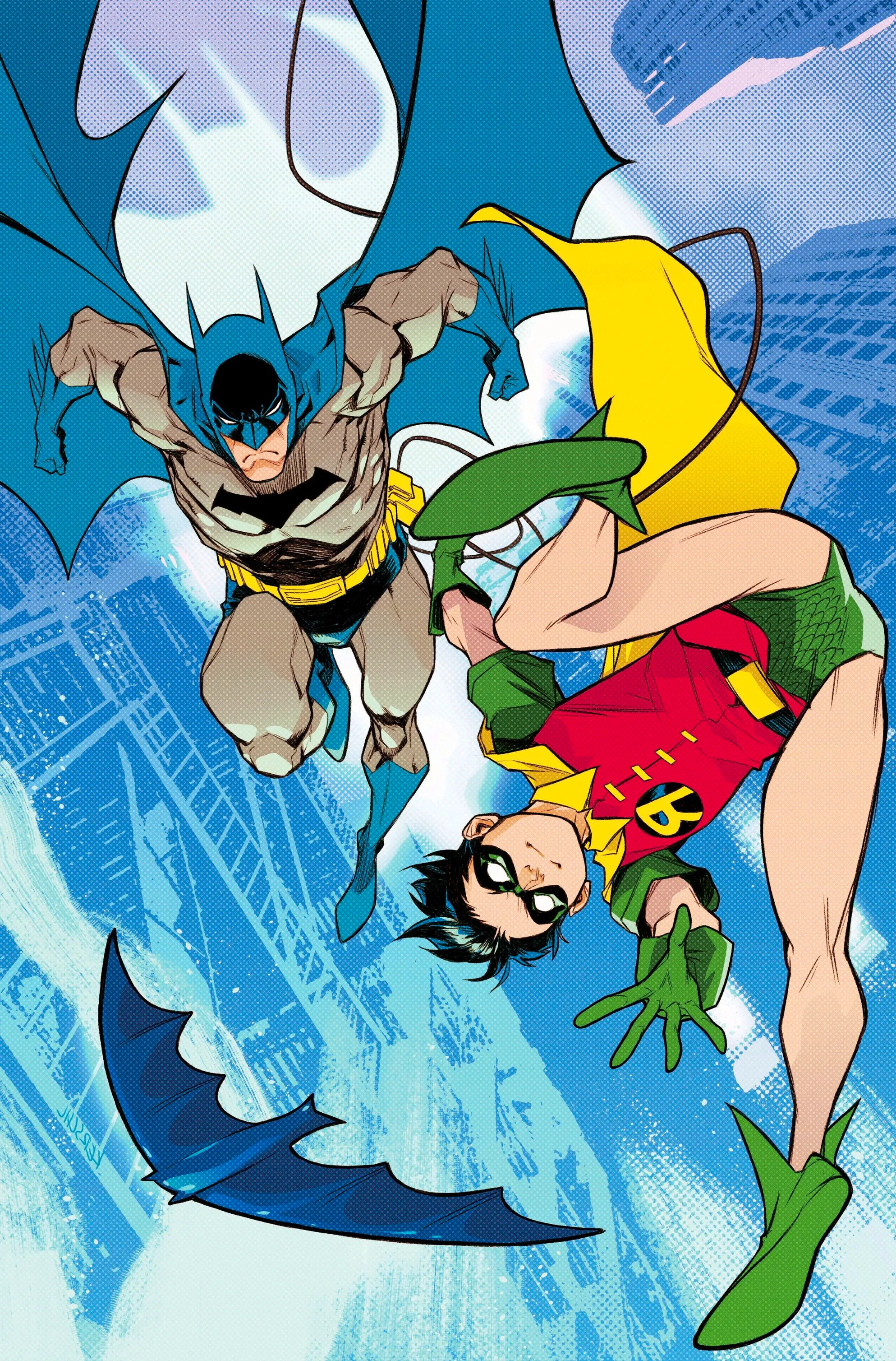 Batman and Robin Year One 1 Kerschl Variant Cover: Batman and Robin leap through the air. Image