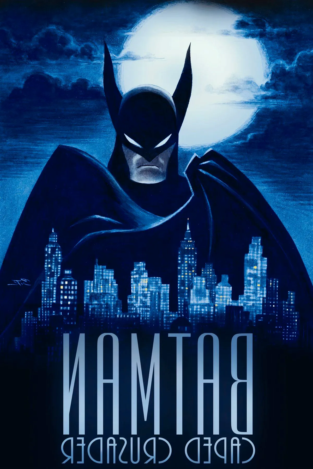 Batman Caped Crusader Poster Showing Batman in front of the Moon Hovering over Gotham City Image