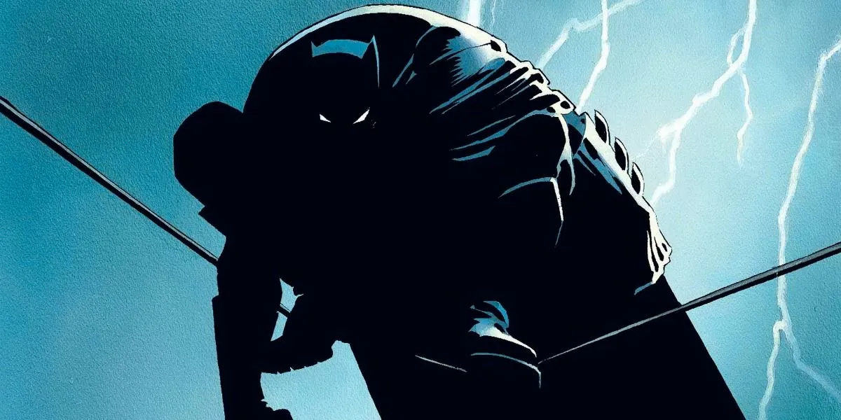 Batman crouching on telephone line from The Dark Knight Returns comic book. Image