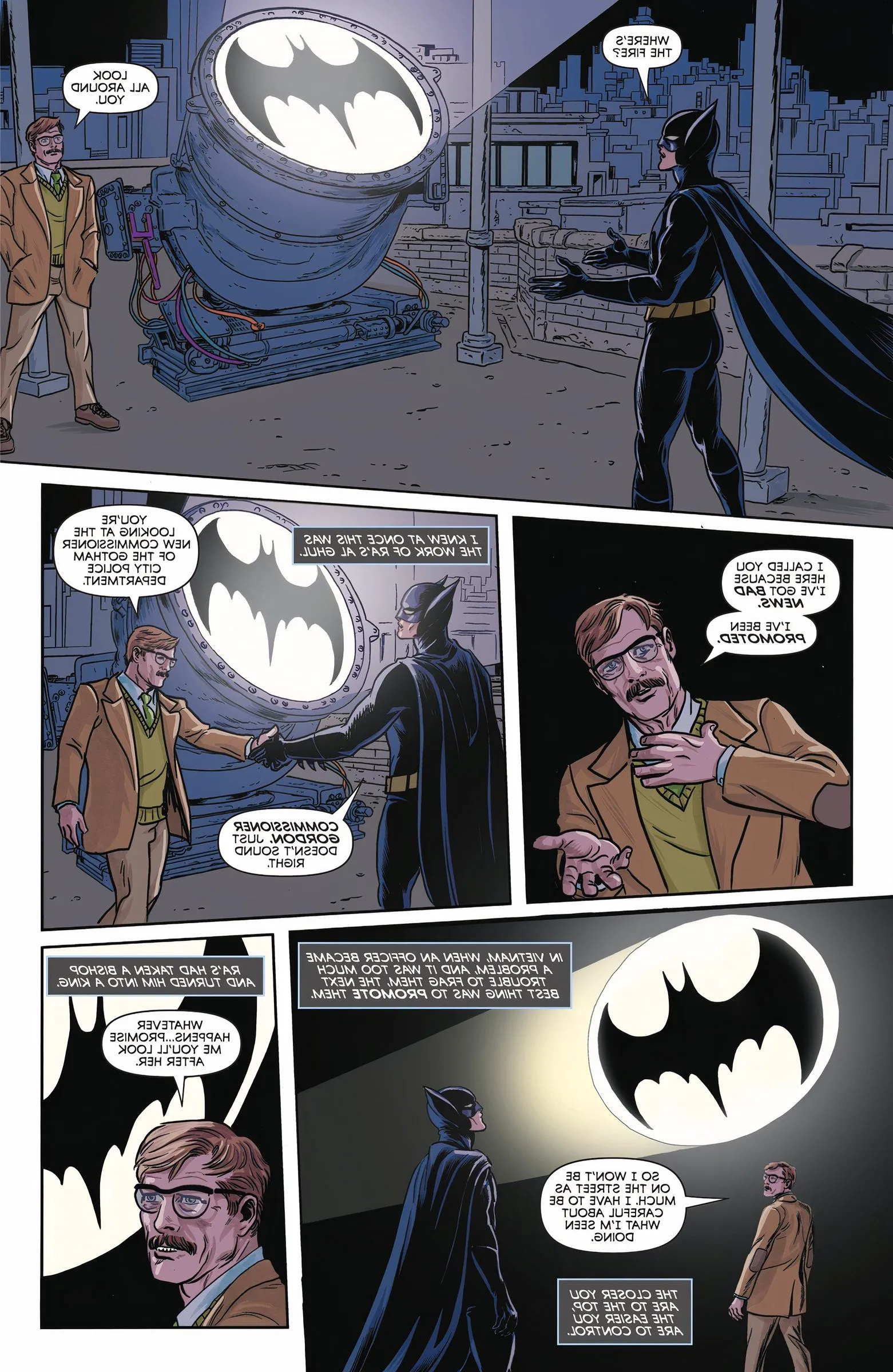 Batman Dark Age #5 Batman and Gordon meet at the Bat=signal to discuss GOrdons promotion Image