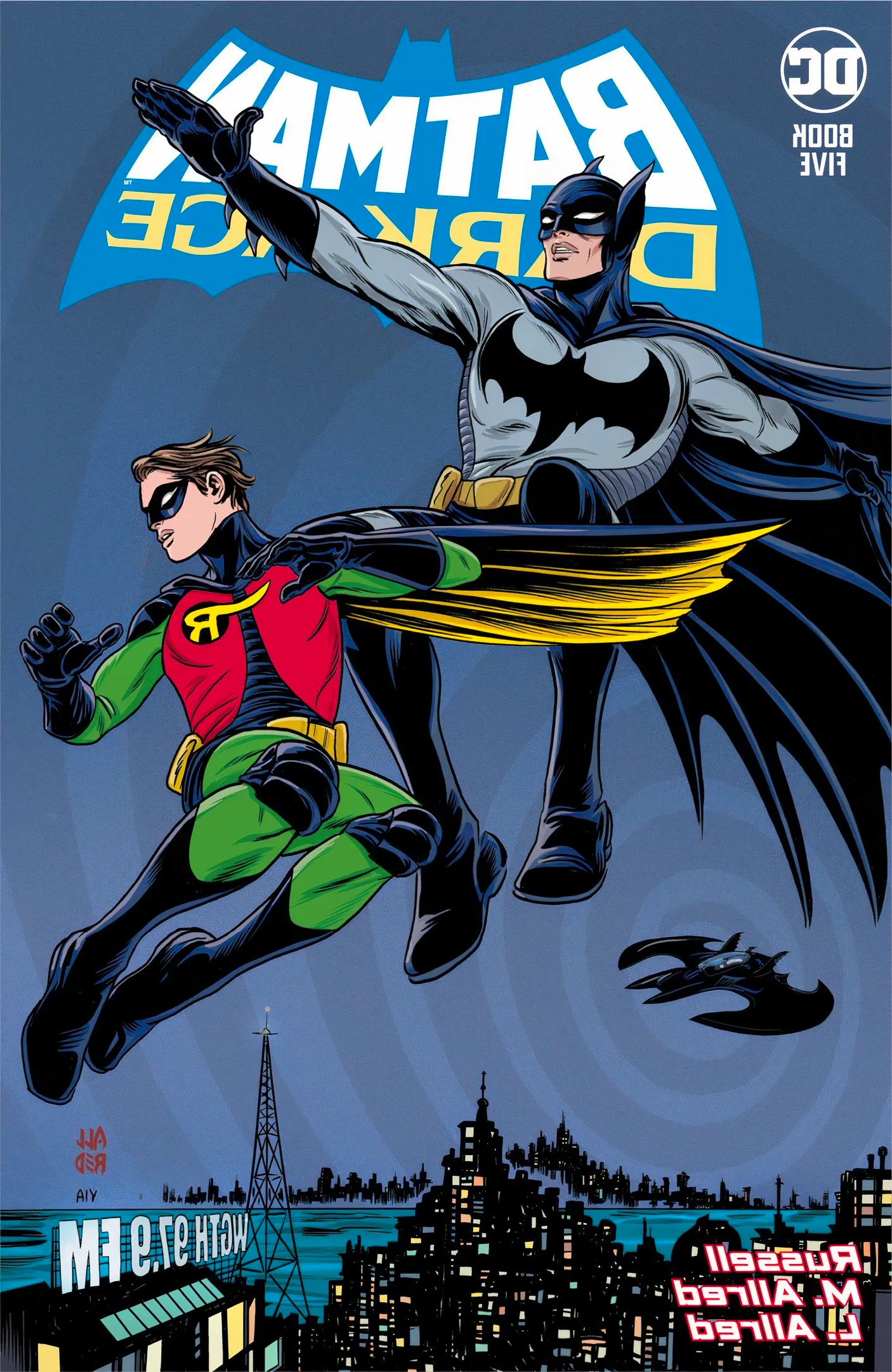 Batman Dark Age 5 Main Cover: Batman and Robin leap over Gotham. Image