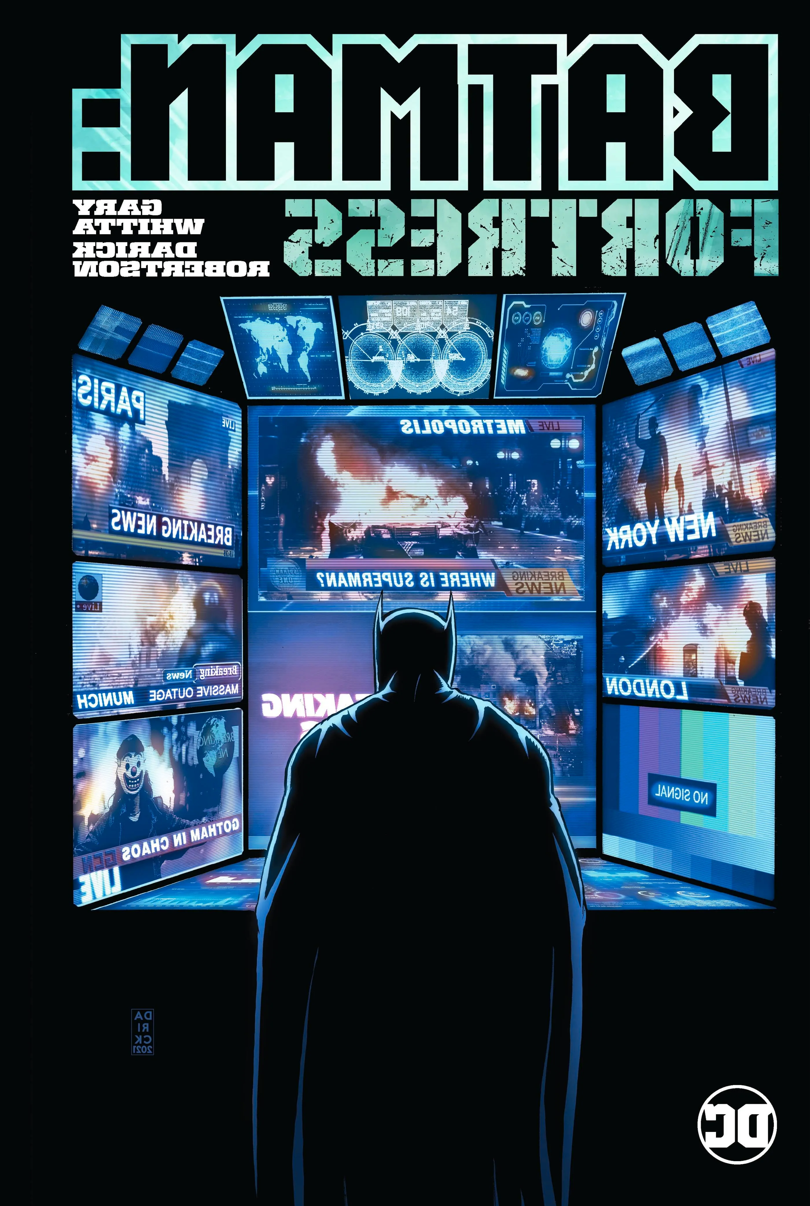 Batman Fortress Collection Cover: Batman standing in front of many computer screens. Image