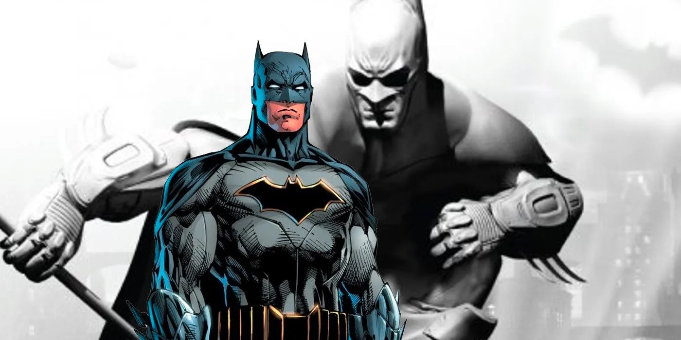 Batman from comics stands layered over a crouching Batman from the Arkham Saga Omnibus comic volume cover. Image