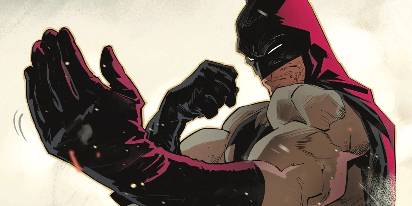 Batman in a karate stance, inviting an attack from an off-panel opponent with one hand while guarding with the other. Image