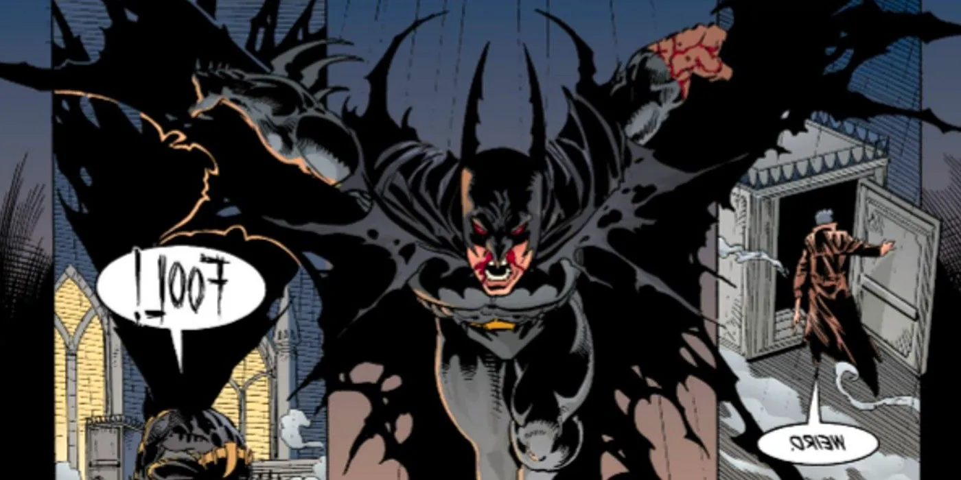 Batman in a tattered and extra sharp-eared cowl bleeds and glides away as Commissioner Gordon leaves. Image