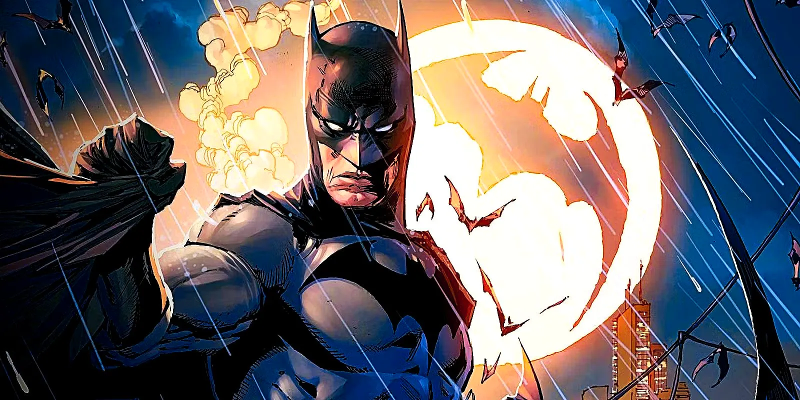 Batman in front of a Bat Signal in DC comics Image