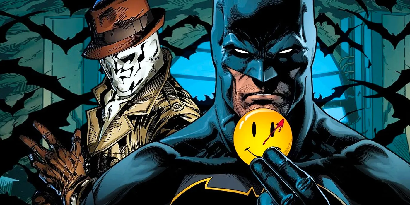 Batman (left, foreground) holds up Watchmen smiley face pin; Rorschach (right, background) looms over his shoulder Image