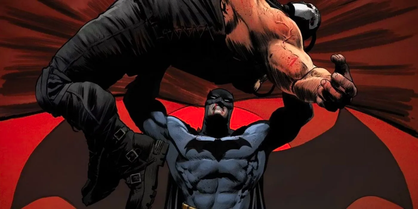 Batman lifts Bane over his head in City of Bane comic art. Image