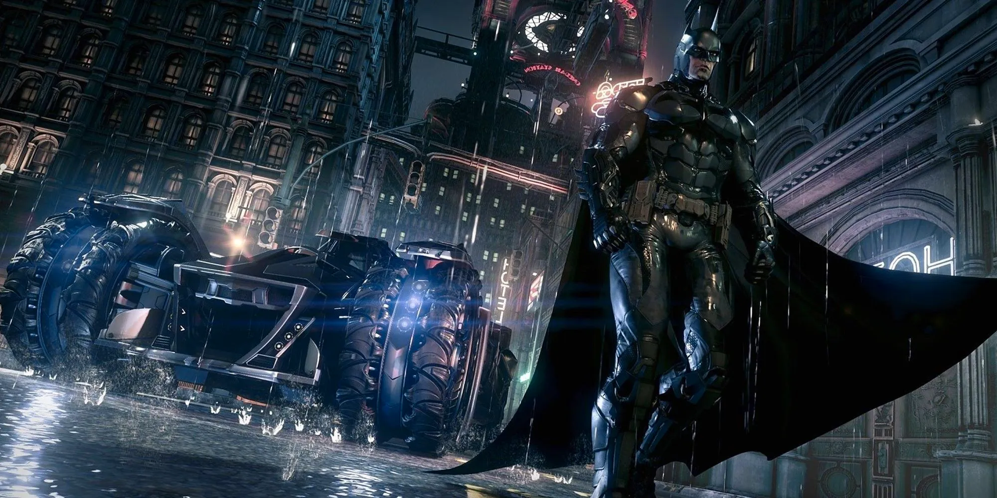 Batman next to the Batmobile on a rainy night in Batman: Arkham Knight. Image