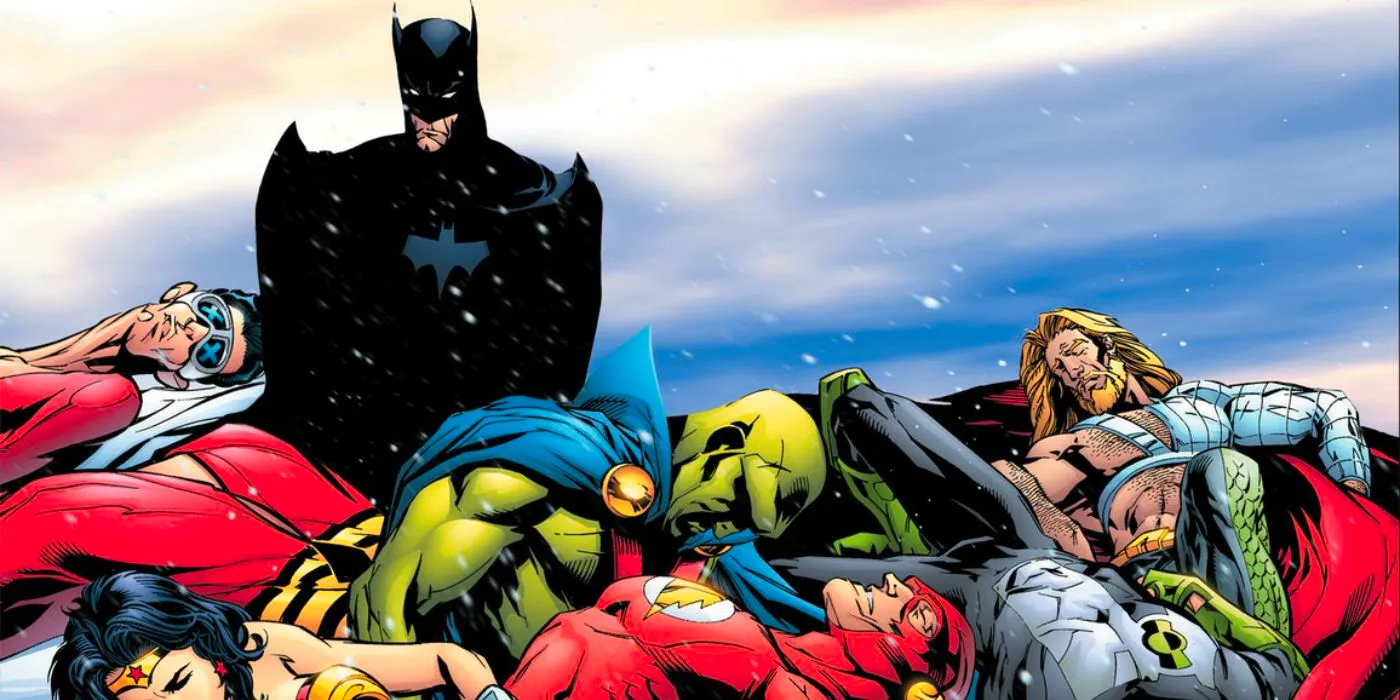 Batman stands over the defeated JLA Image