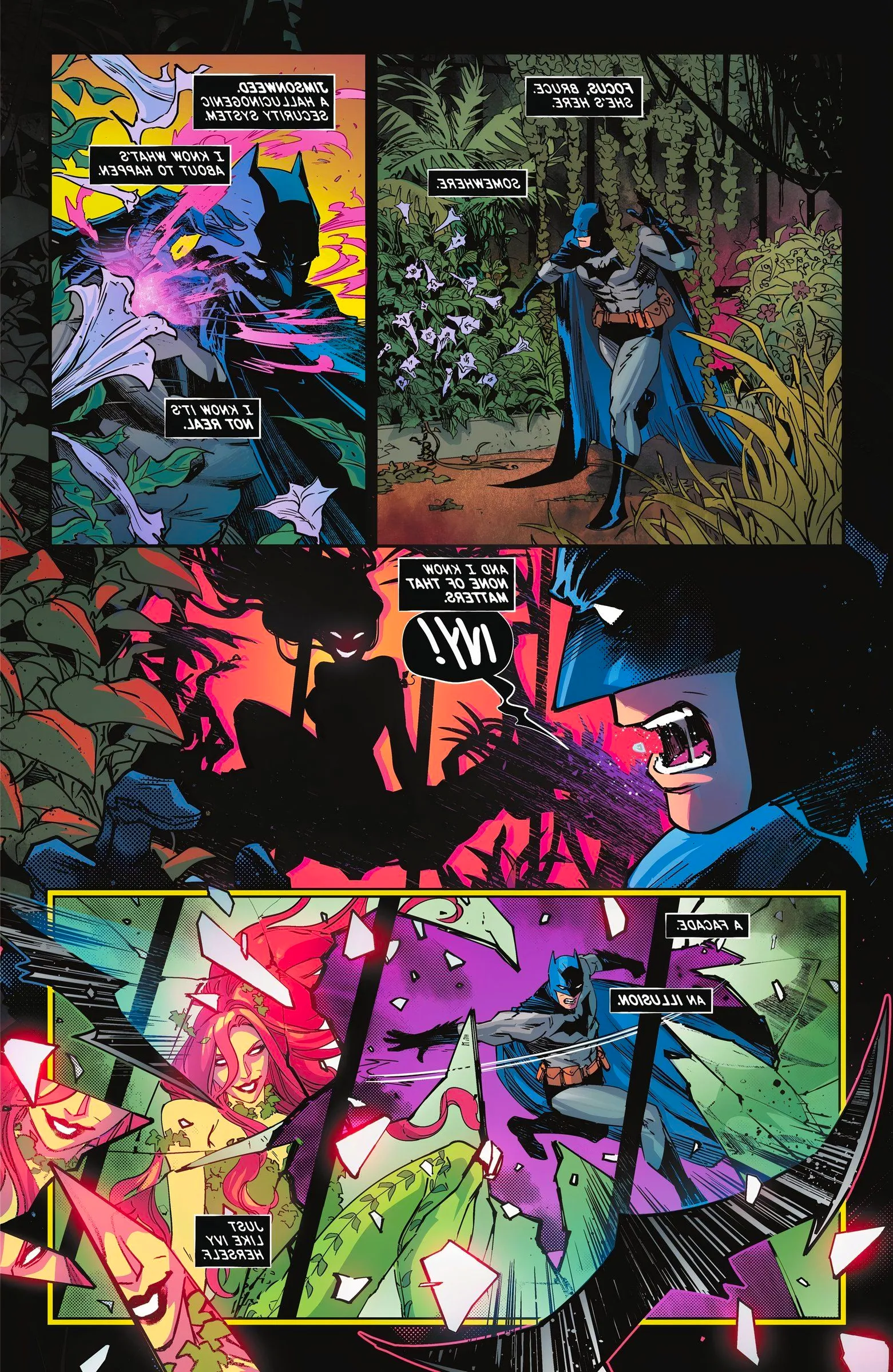 Batman walks through a greenhouse and begins hallucinating before Poison Ivy arrives.  Image