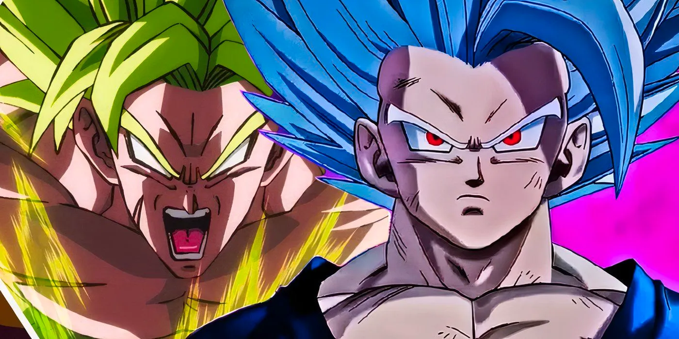 Beast Gohan looking mean to the left and Broly powering up and screaming to the right Image