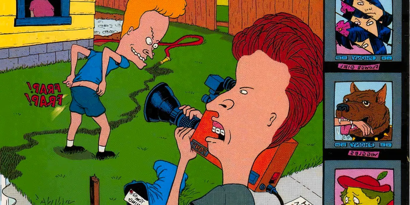 Beavis being filmed pulling a prank by Butt-Head. Image