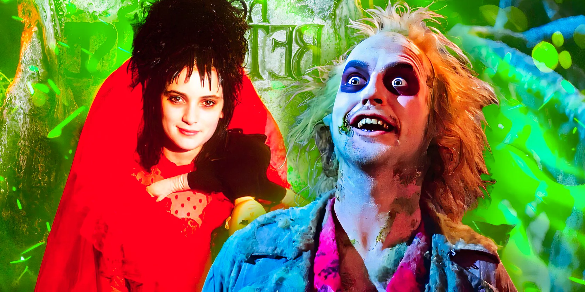 Beetlejuice and Lydia in her red wedding dress in the first movie Image