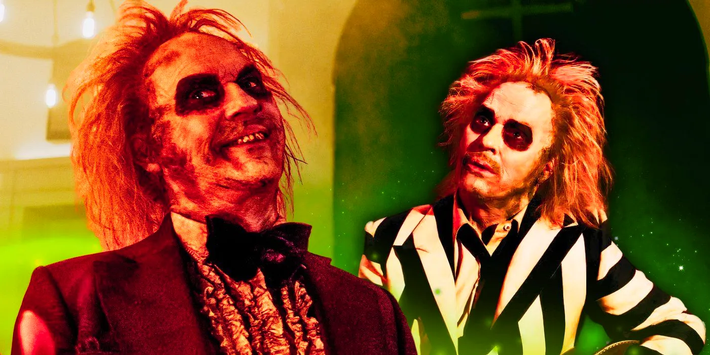 Beetlejuice in his striped suit is next to him in his red wedding suit in the movie Beetlejuice Beetlejuice. Image