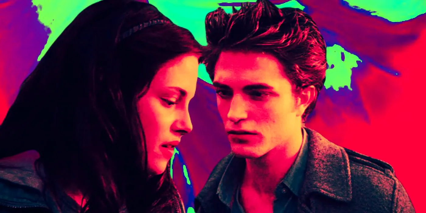 Bella (Kristen Stewart) and Edward (Robert Pattinson) in Twilight with the New Moon cover behind them Image