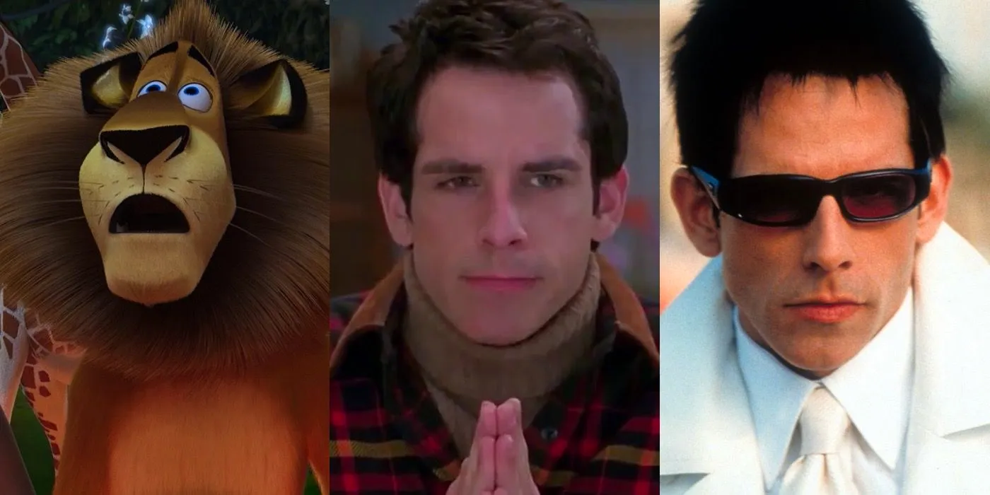 Ben Stiller as Zoolander, Greg from Meet The Parents and Alex from Madagascar in a split image Image