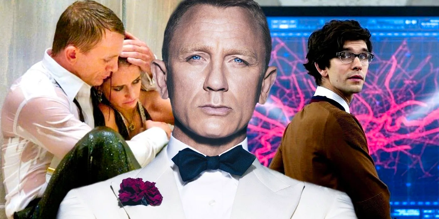 Ben Whishaw as Q, Daniel Craig as James Bond, and Eva Green as Vesper Lynd Image