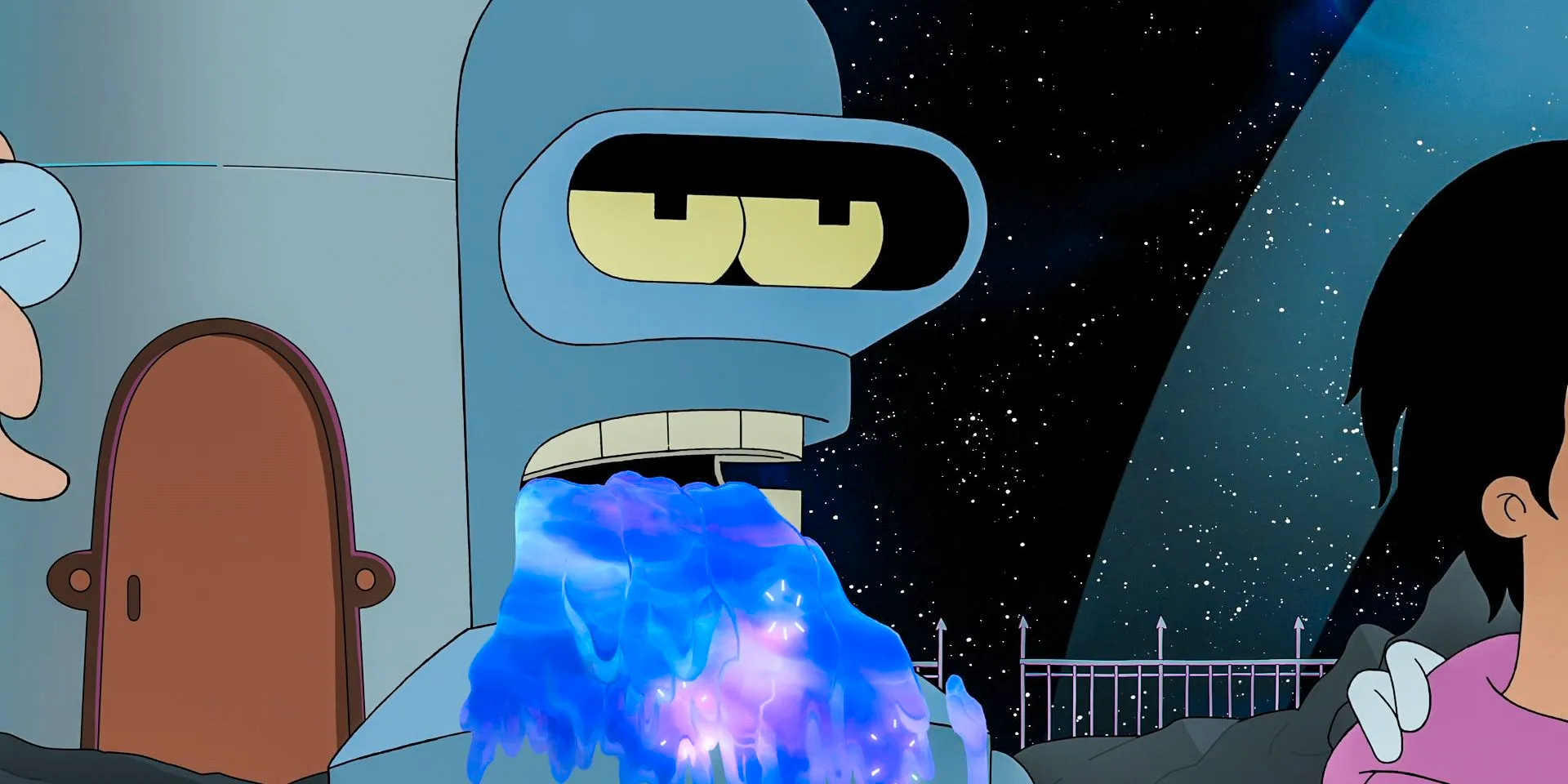 Bender puking the quasi-neutral plasma in Futurama Season 12 Episode 10 Image