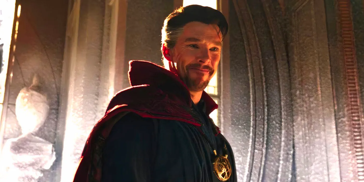 Benedict Cumberbatch as Doctor Strange in Spider-Man: No Way Home smiling in an icy hallway Image