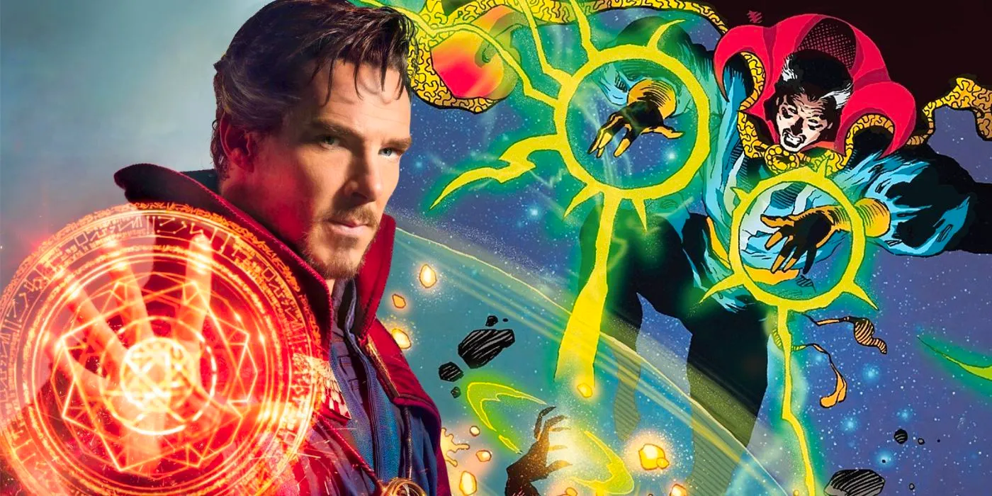 Benedict Cumberbatch as Doctor Strange next to his Marvel comic book counterpart. Image