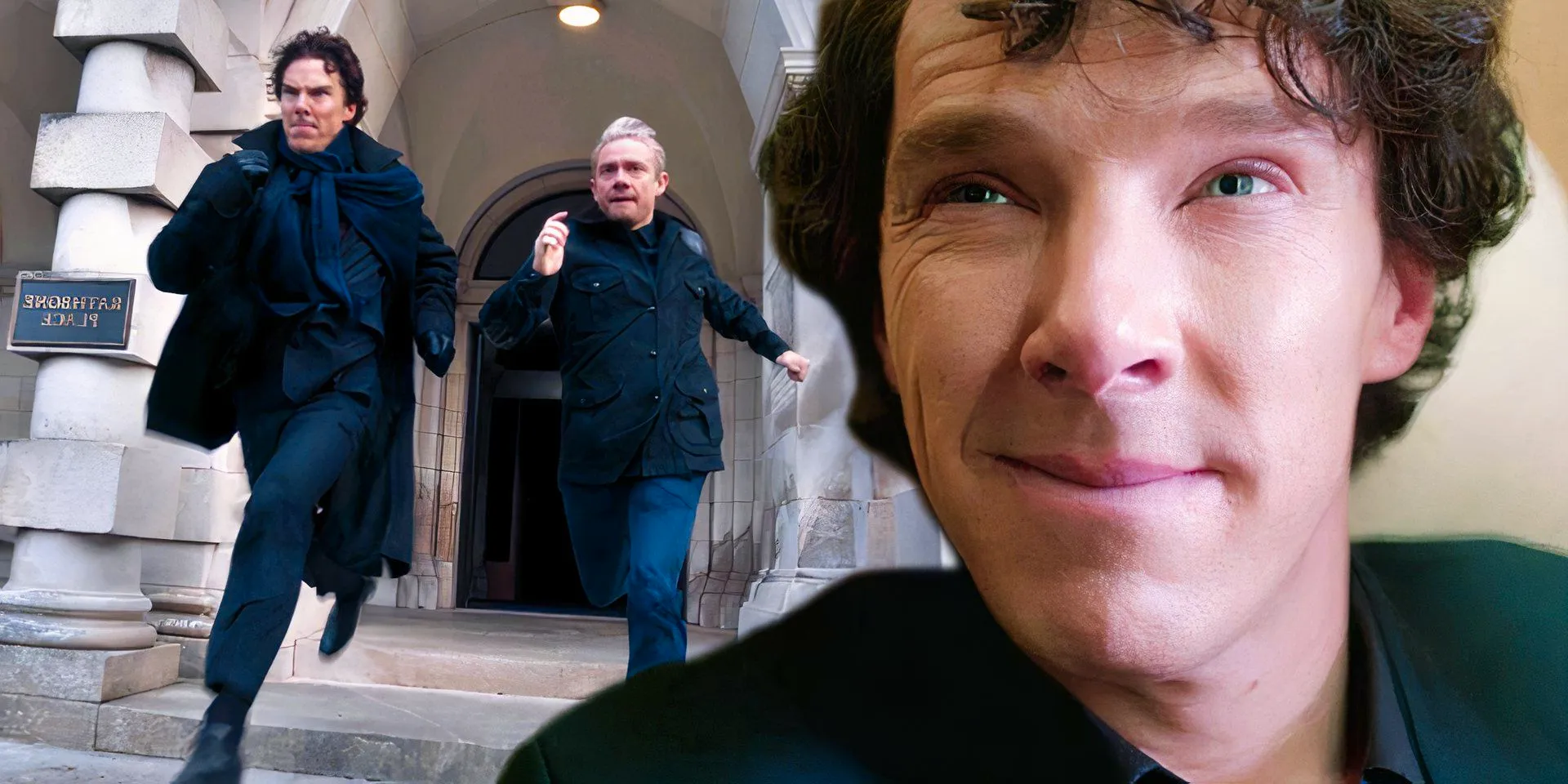 Benedict Cumberbatch's Sherlock smiles while he and John are running in Sherlock series Image