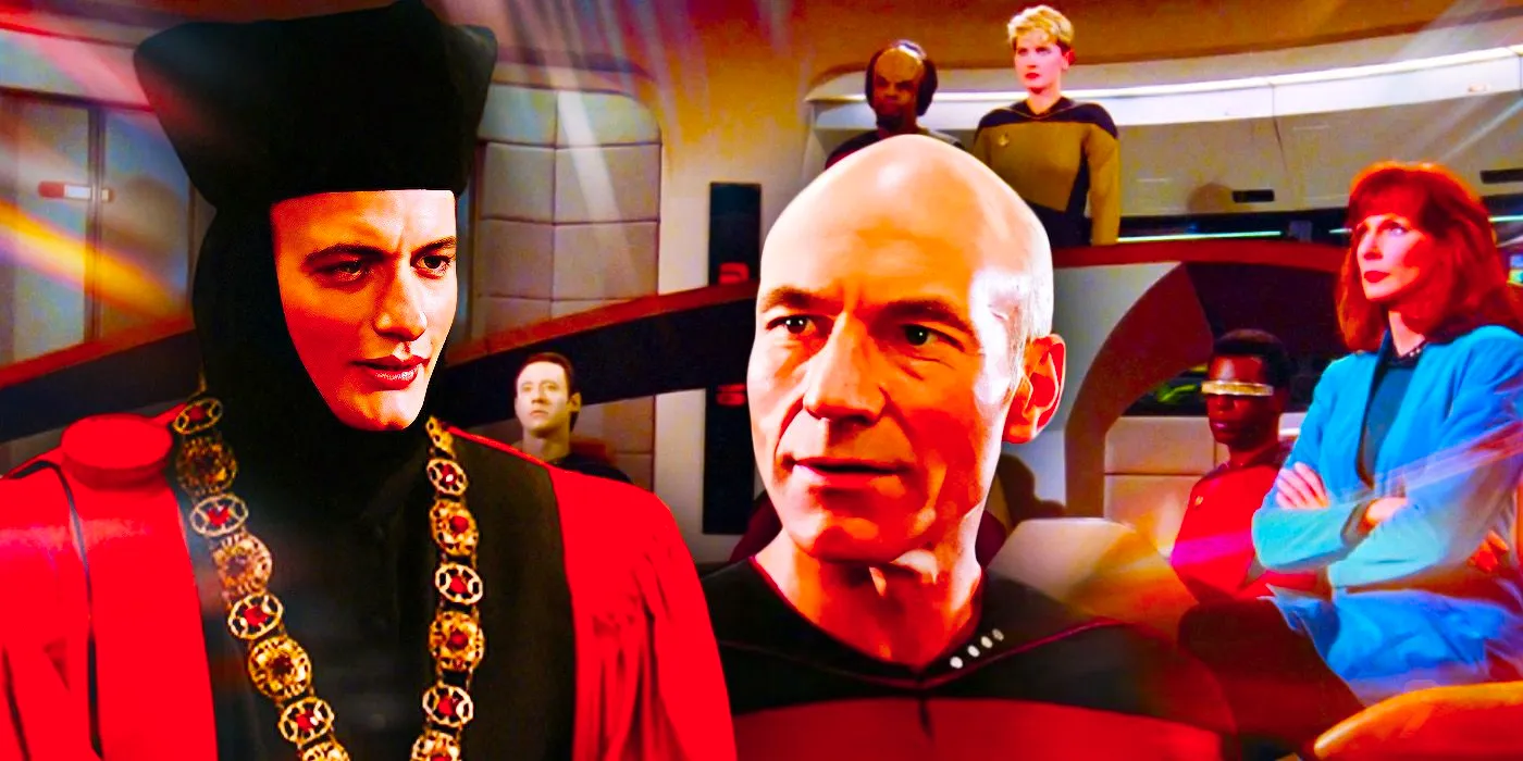 Beverly Crusher, Picard, and Q from Star Trek: TNG. Image