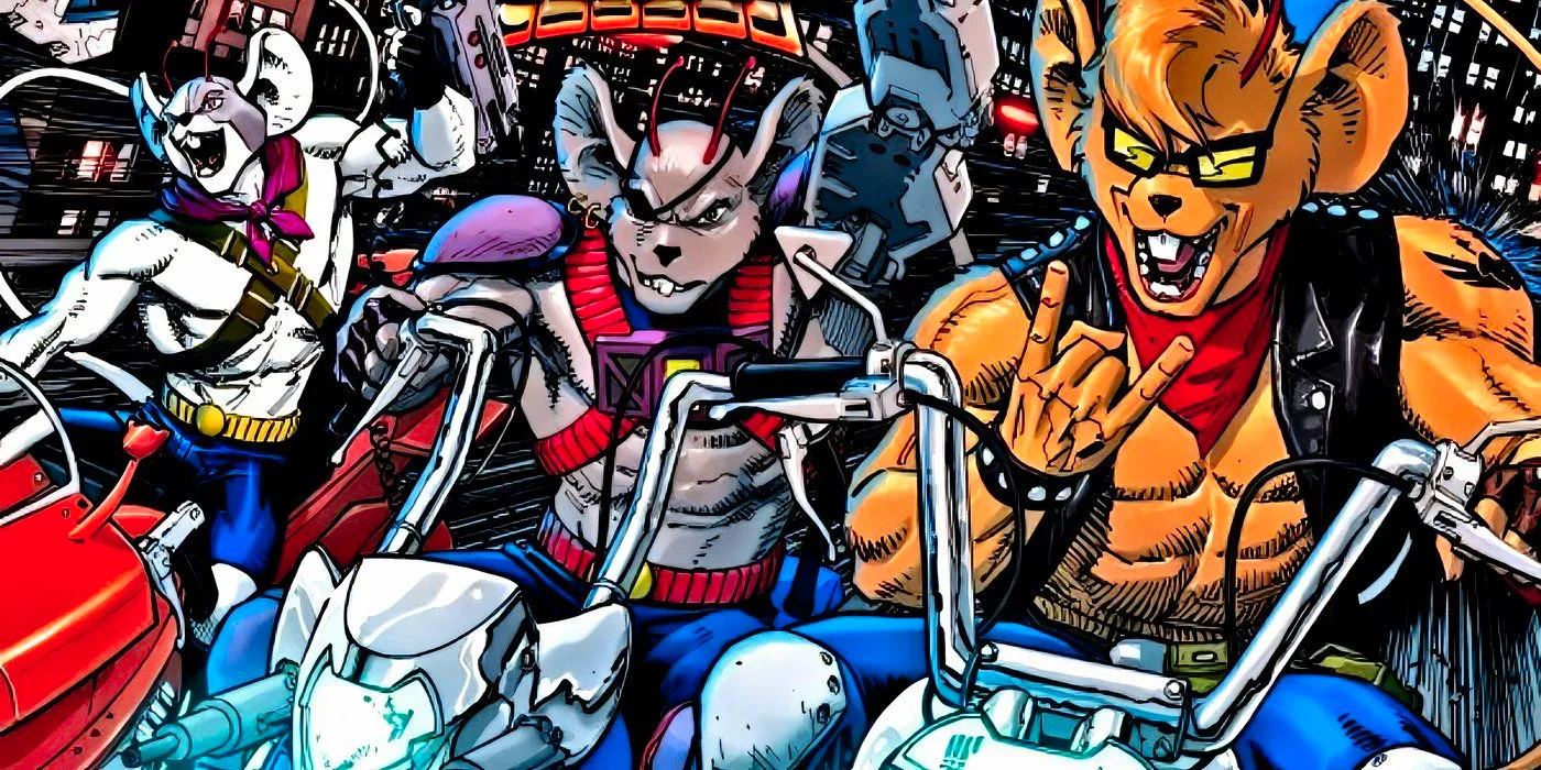 Biker Mice from Mars riding their motorcycles. Image