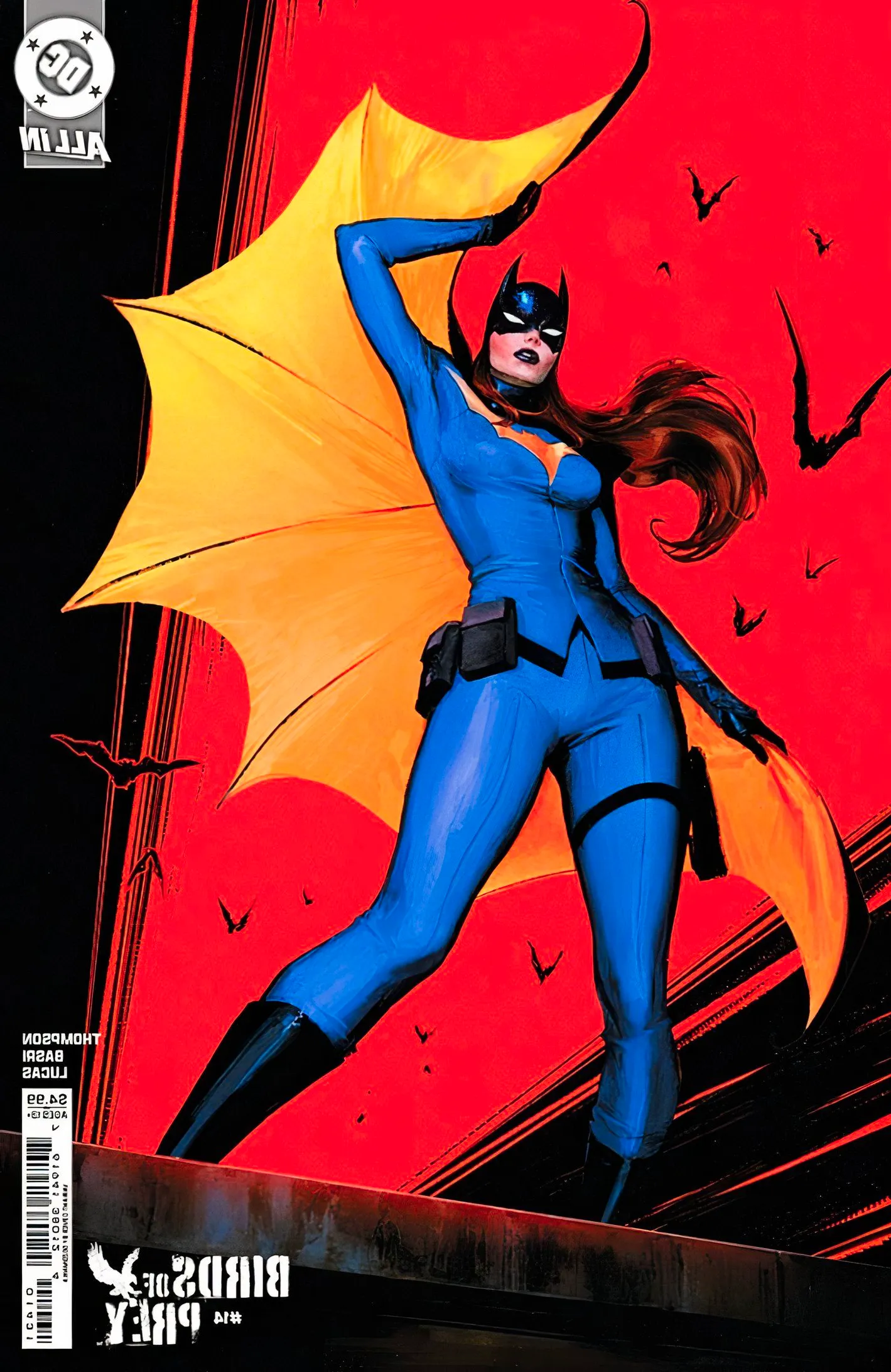 Birds of Prey #14 variant cover featuring Batgirl doing a flourish with her yellow cape against a red backdrop Image