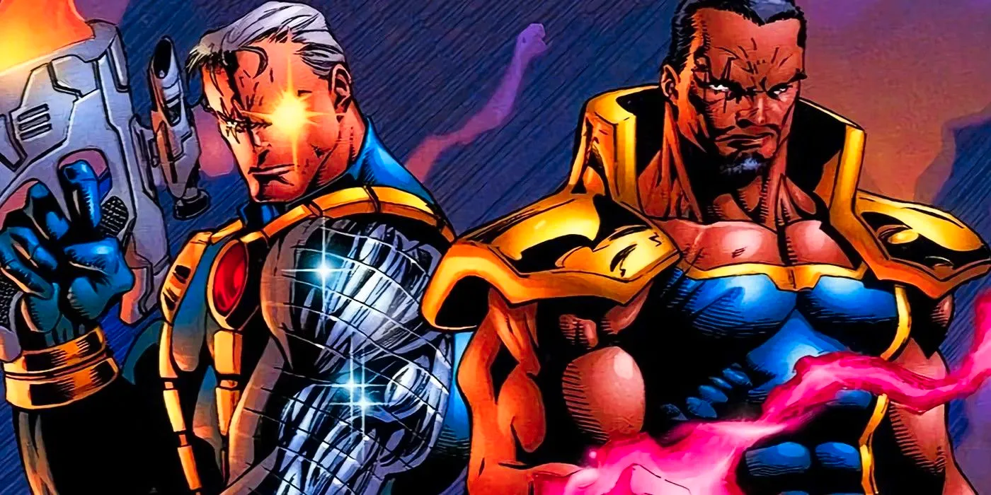 Bishop (left) and Cable (right) stand back to back, from Cable #41. Image