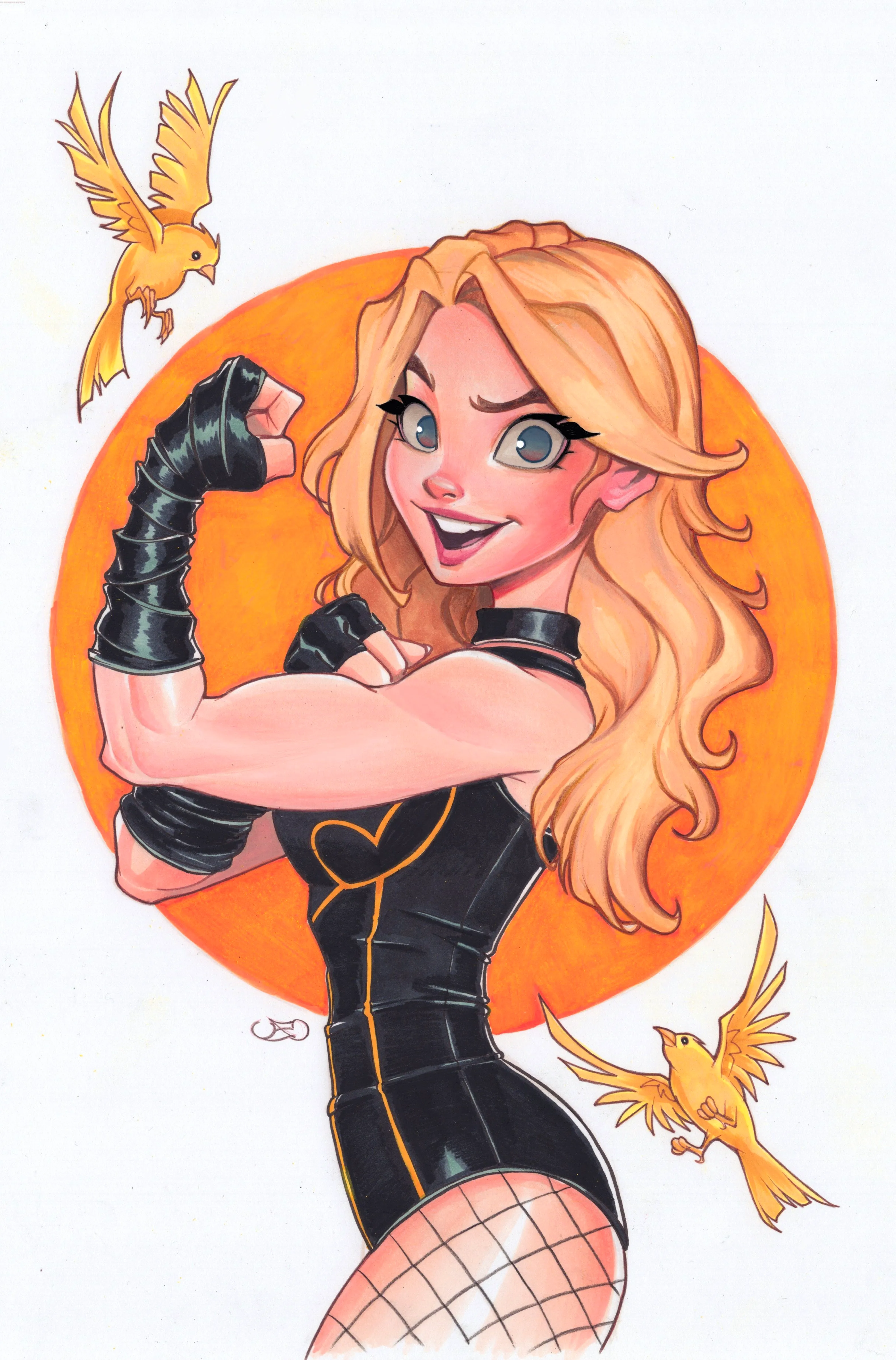 Black Canary Best of the Best 1 Zullo Variant Cover: a cute version of Black Canary flexes her bicep with gold canaries. Image