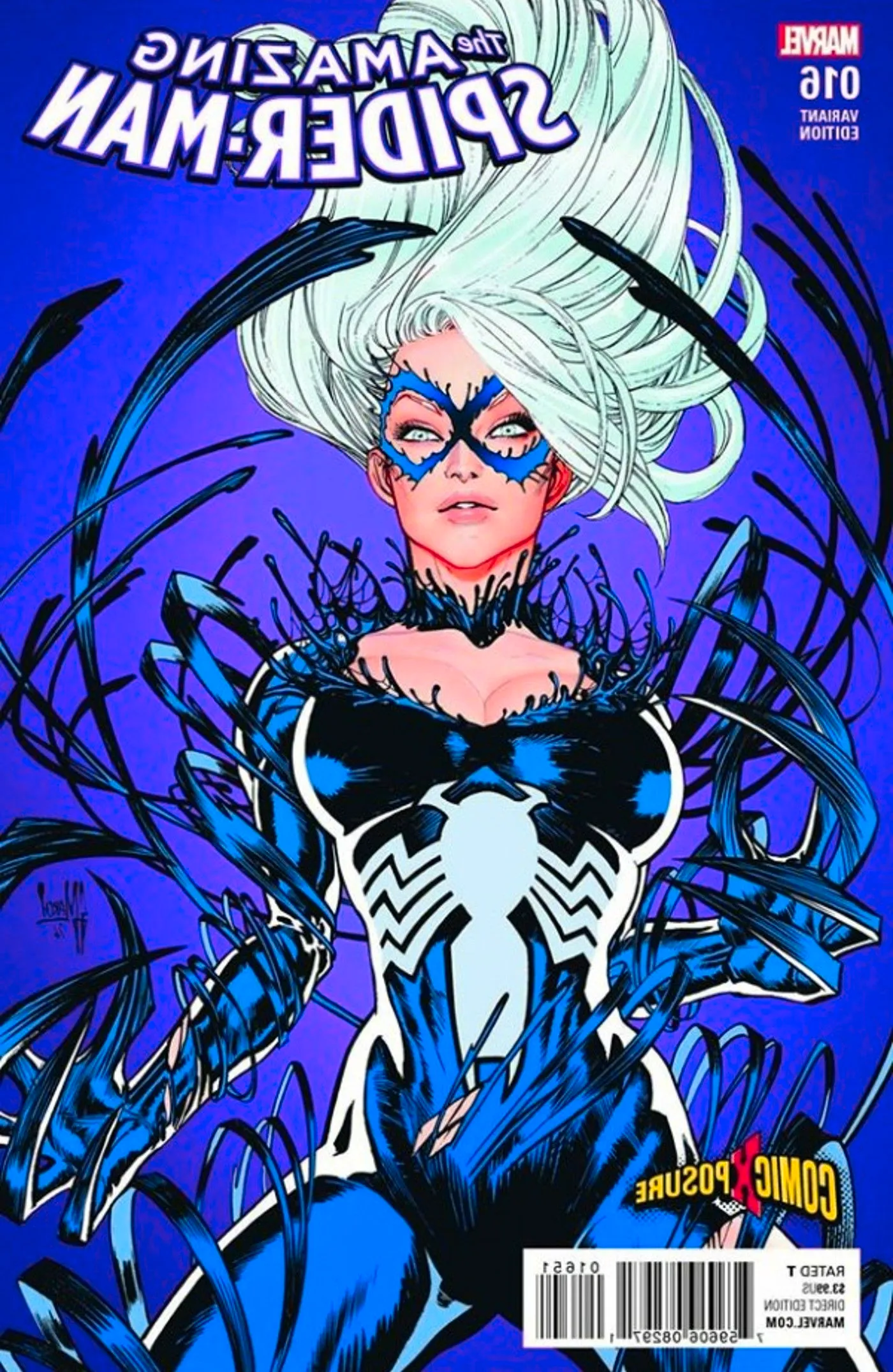 Black Cat being wrapped up in a symbiote costume wiht a solid purple background Image