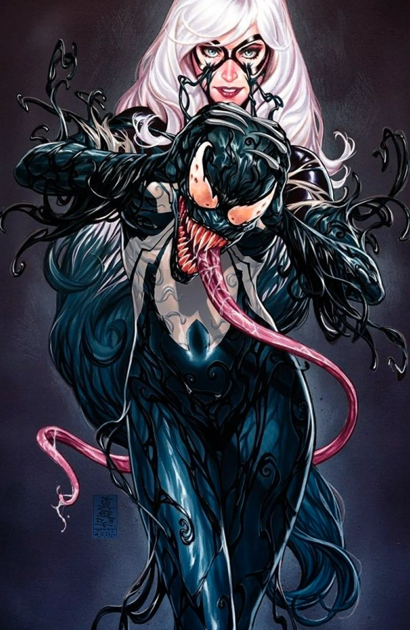 Black Cat dons a symbiote costume, holding a Venom head in her hands, its tongue wrapping around behind her Image