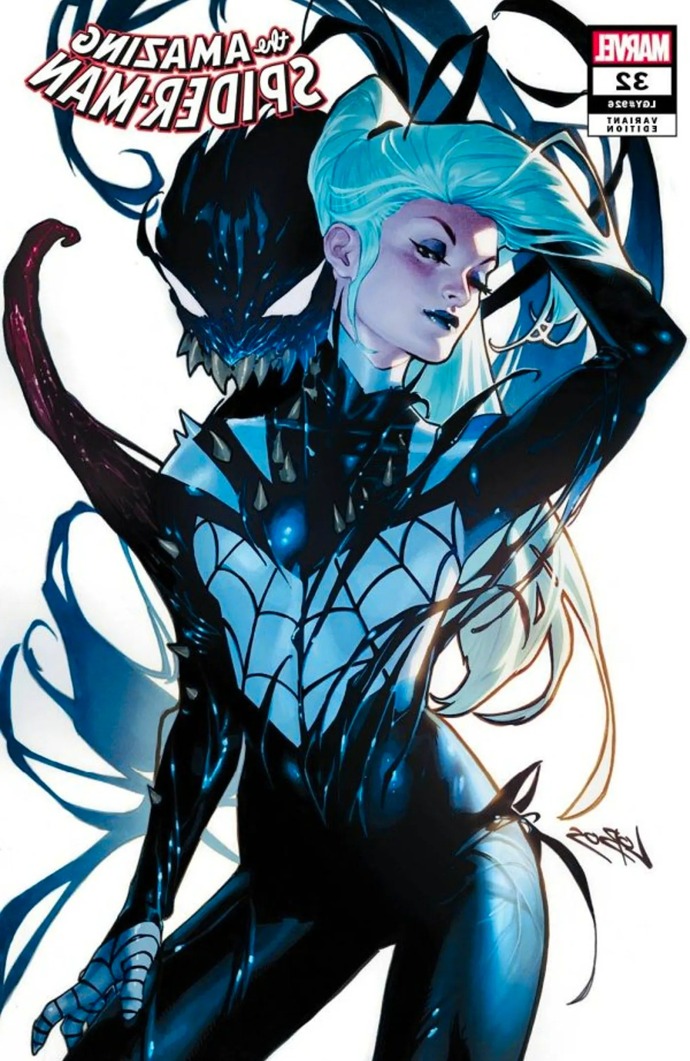 Black Cat stands merged with the Venom symbiote revealing a black and white suit Image