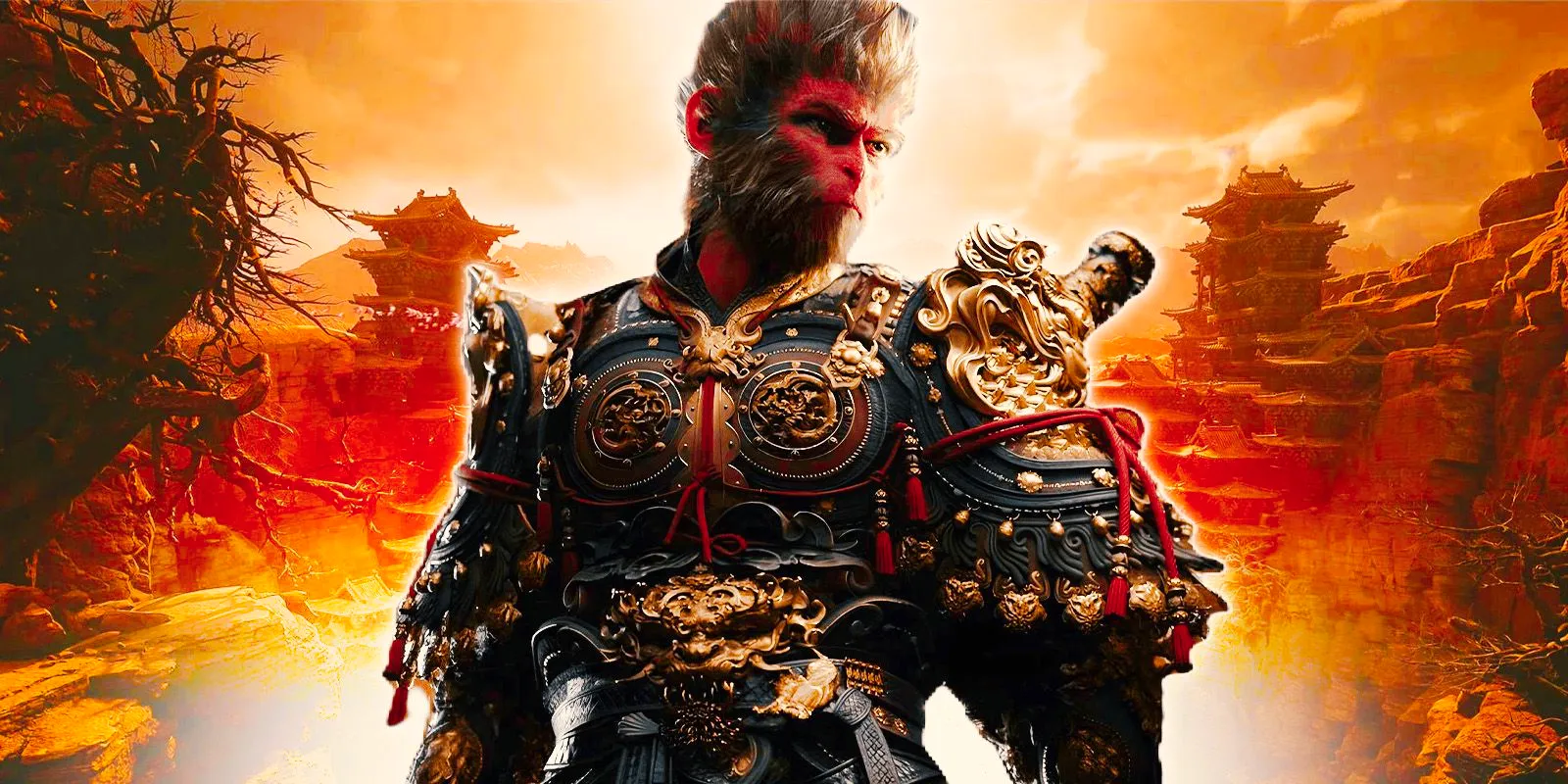 Black Myth Wukong Son Wukong with yellow buildings in the background. Image