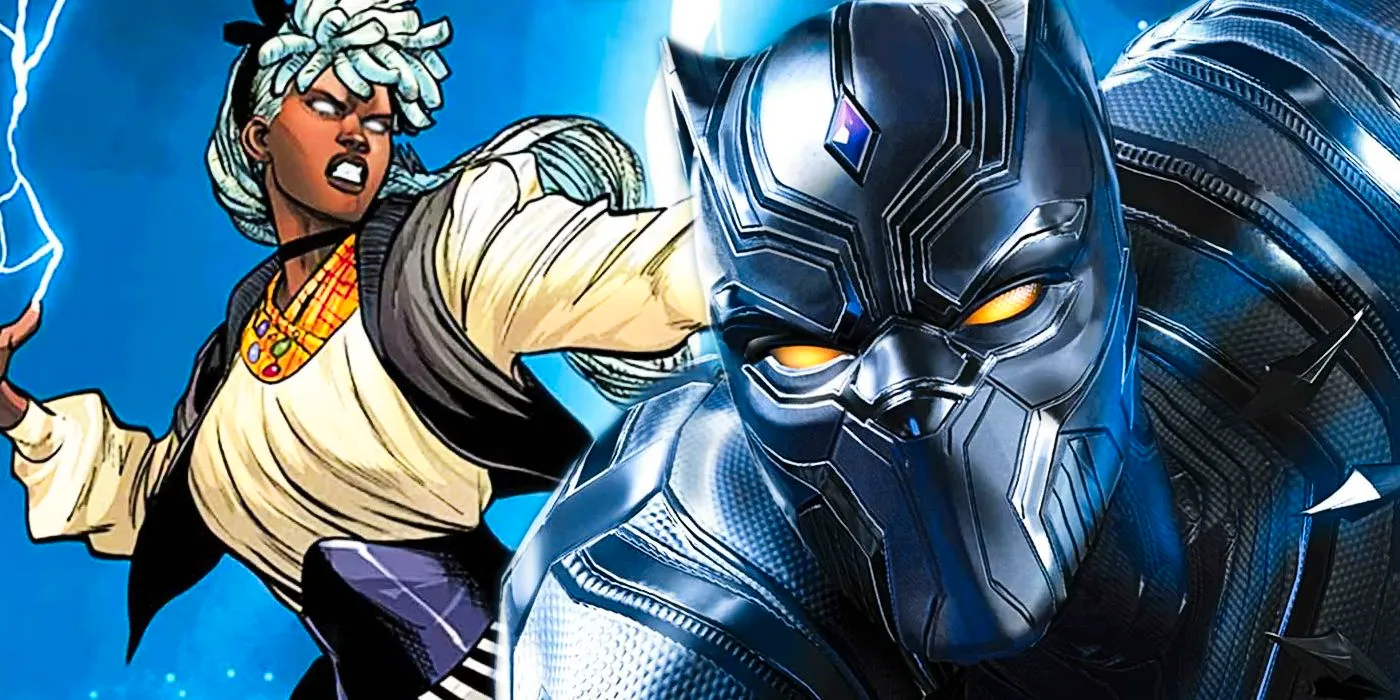 Black Panther in the foreground, wearing a high-tech version of his suit, claws extended; in the background, Storm flies, wreathed in lightning, wearing casual clothes and a vest. The two seem poised to square off. Image